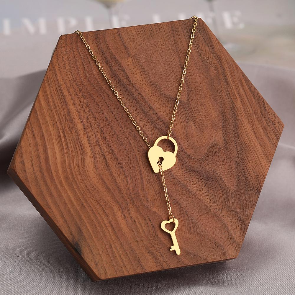 Stainless Steel Necklaces Trendy Fine Heart Lock Key Independent Pendants Fashion Chains Choker Necklace For Women Zircon Gifts