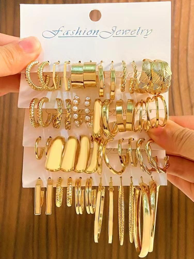 2026 Explosive Earrings Earrings Geometric Square Earrings Retro Pearl Card Set Alloy Earrings Earrings Combination