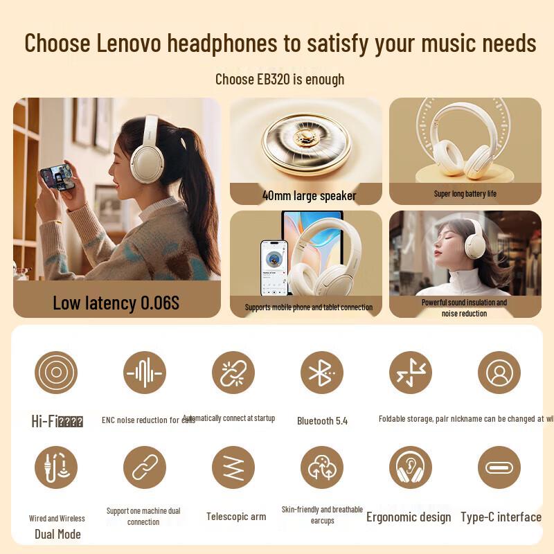 Lenovo EB320 Active Noise Cancelling Wireless Over-Ear Bluetooth Headphones