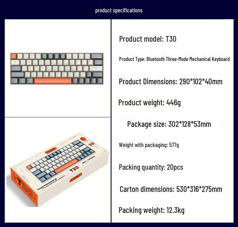 T-WOLF T30 Wireless RGB Mechanical Gaming Keyboard - Bluetooth, Three Modes, Blue Switches