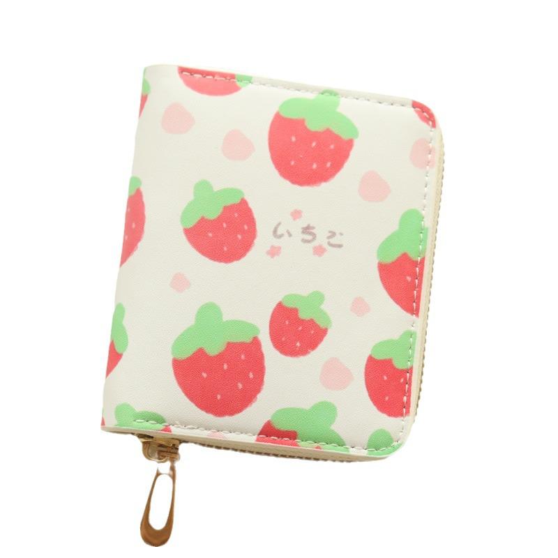 Cartoon Strawberry Print Coin Purse: Cute, Spacious, Short Chain Wallet for Students