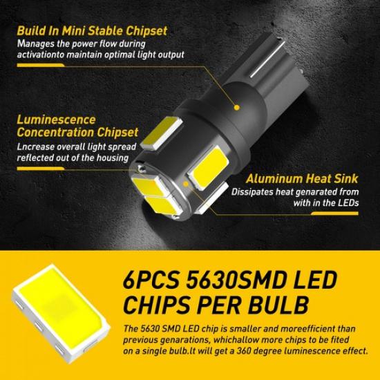 10Pc W5W 168 T10 LED Reverse Canbus Free Light Error LED Bulb 10-SMD Car New