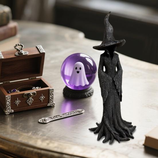 Halloween Tree Root Witch Statue Spooky Black Witch Figurine Resin