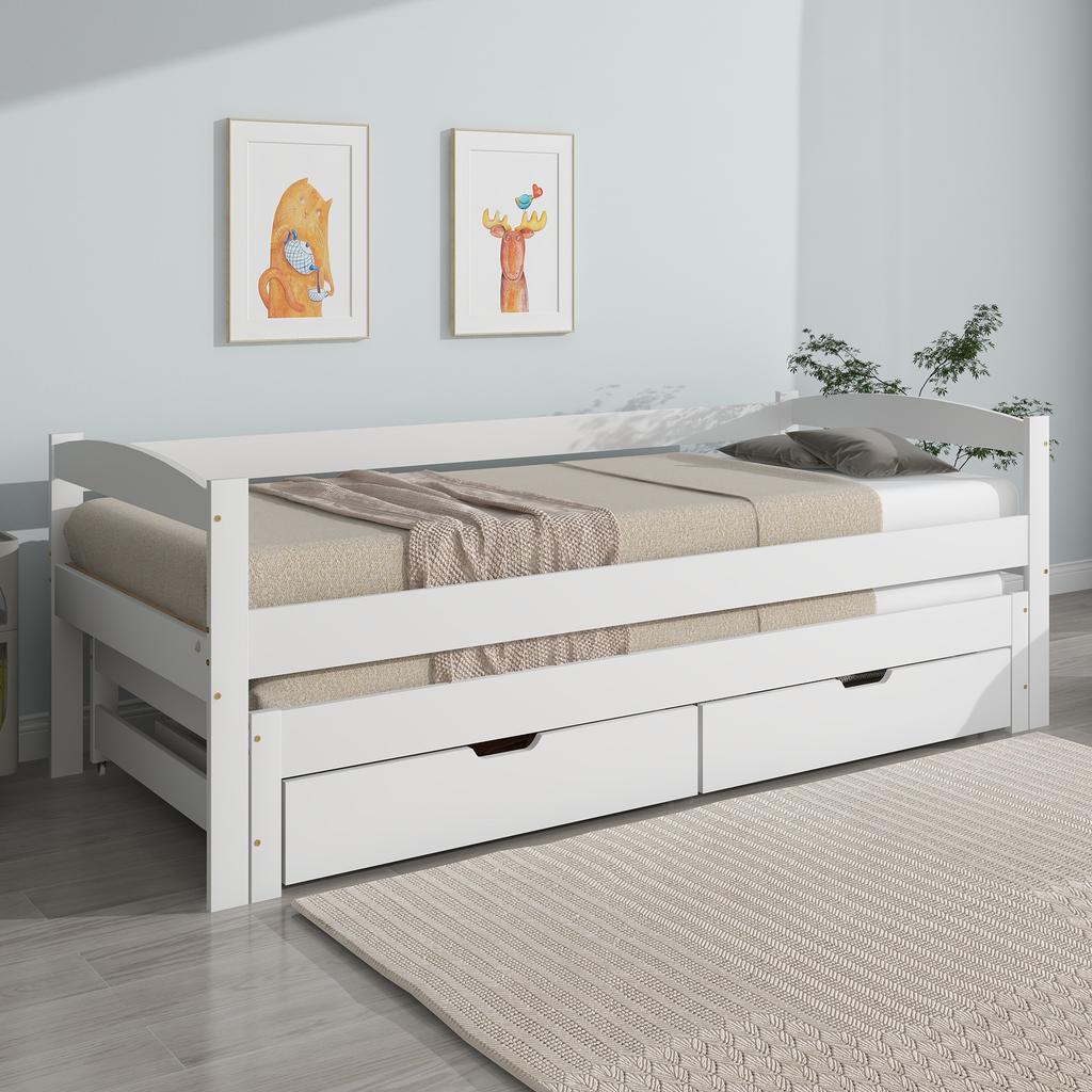 [29596364WAA] Cama de Dia, Cama de Solteiro e Casal, Cama Auxiliar com Rodízios por Baixo, com 2 Gavetas de MDF, Estrutura de Madeira Maciça, Branco (200x90cm/190x90cm)