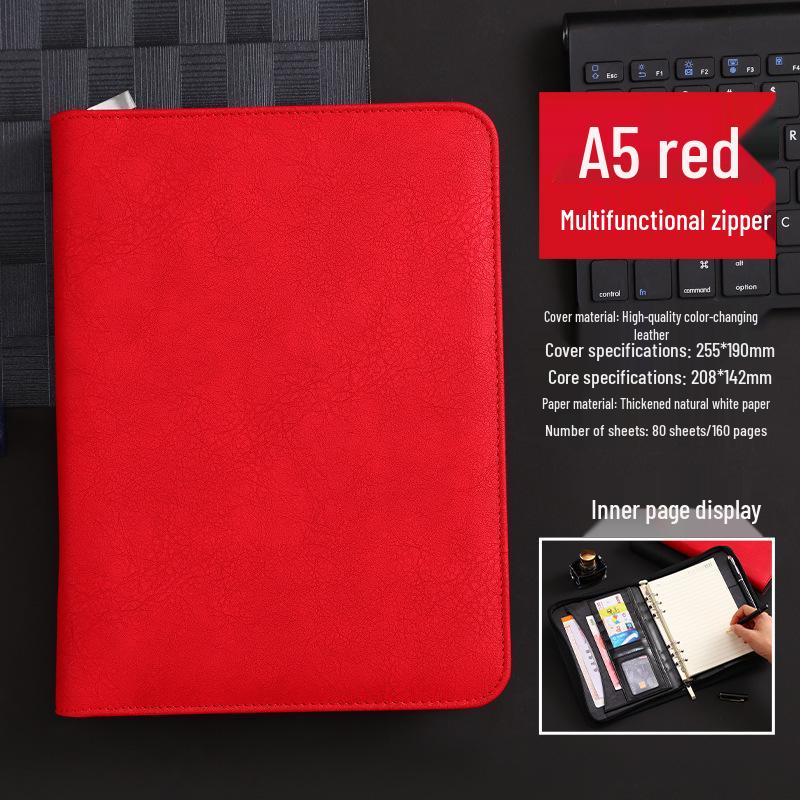 Customizable A5 PU Leather Notebook with Logo, Zipper Storage, and Loose-leaf Pages for Business Meetings