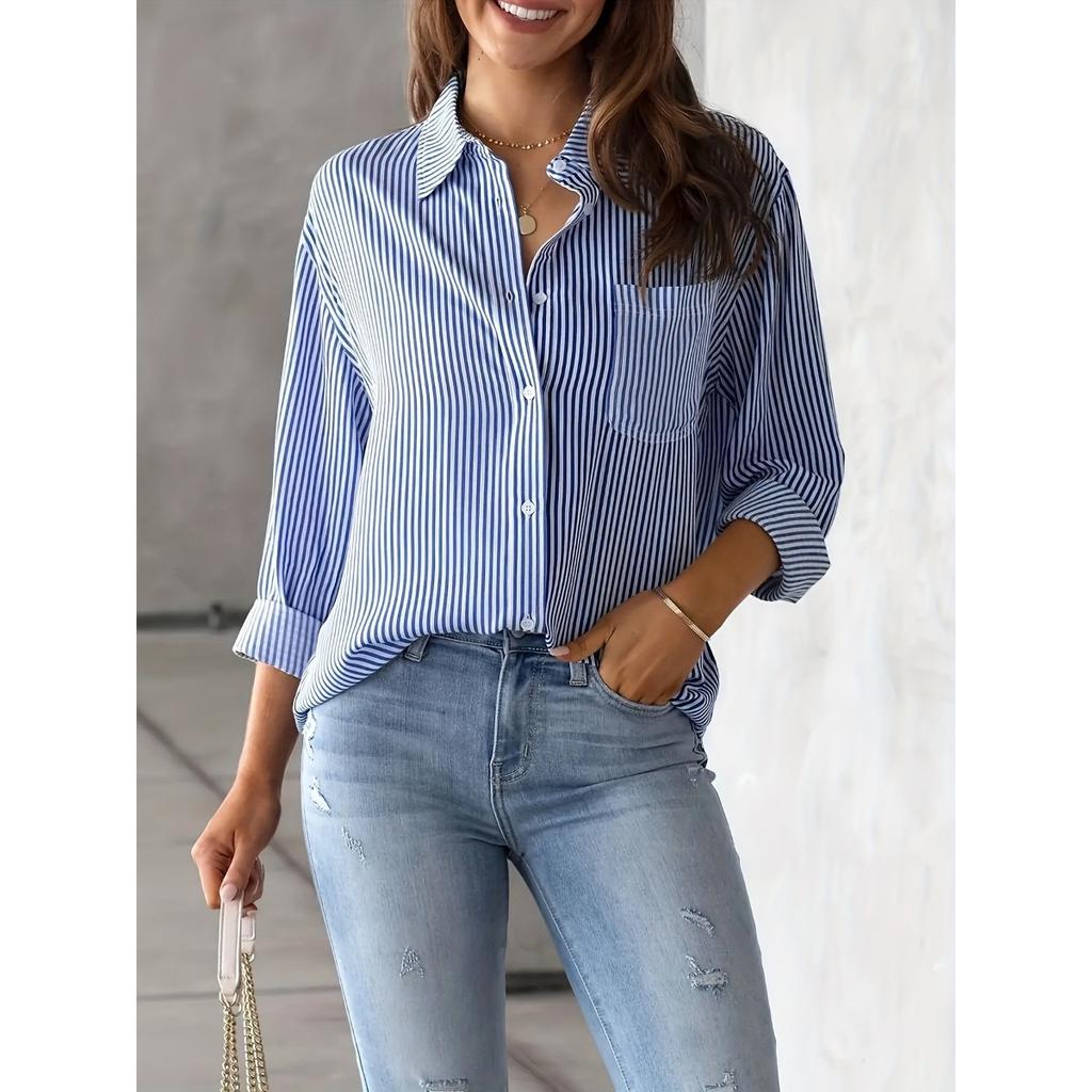 Printed Striped Cardigan, Casual Fashion Shirt, Loose Striped Women's Shirt, Work Shirt, Casual Long Sleeved Shirt