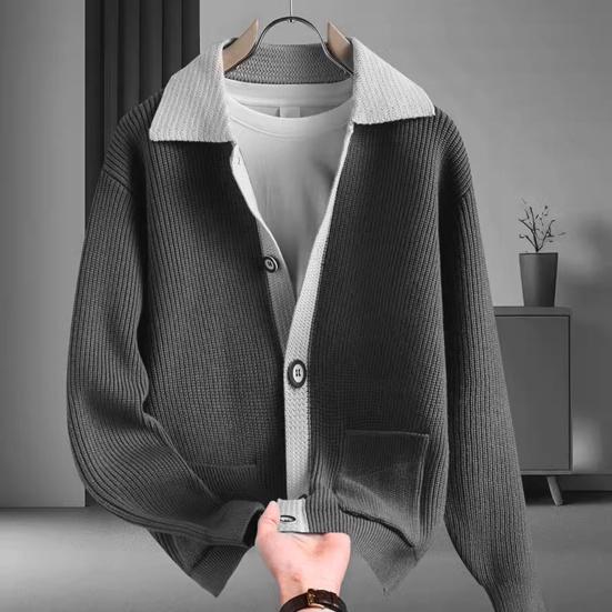 Męski sweter w grube bloki kolorów, zapięcie na guziki, kołnierz wykładany, dzianinowy, luźny, utrzymujący ciepło, kurtka jesienno-zimowa, kardigan, odzież wierzchnia