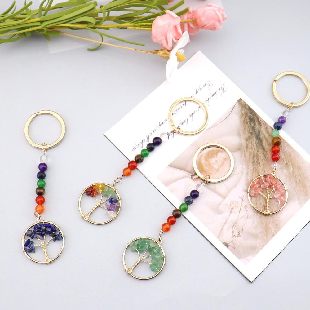 Gold Natural Crystal Colorful Stone Tree Of Life Keychain, Bag Pendant Pendant, Chakra Keychain K62
