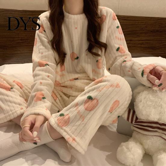 Lady Loungewear 2 Pcs/Set Women Winter Pajamas Set Round Neck Cartoon Bear And Peach Pattern Cozy Long Sleeve Coral Fleece Homewear Top Pants