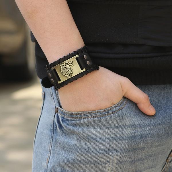 Retro Vintage Deri Bileklik Homme Tokalı Kurt Bileklikler Punk Manşet Bilezik Bileklik Erkek Takı Pulseras Hombre Pulseira Masculina MIT