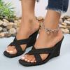 Fashion slope heel cool slippers summer new denim round head cross hollow high heel sandals