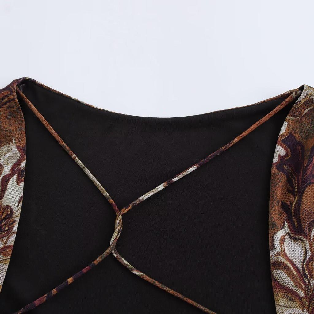 2024 Autumn Women's European & American Style Slim Silk Mesh Print Dress