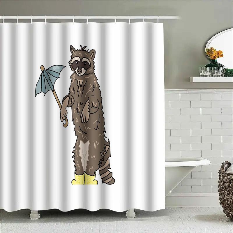 Cute Raccoon Shower Curtain Woodland Animal Bathroom Decor Forest Wildlife Washable Liner Set Nature Theme Home Textile
