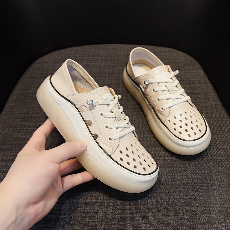 Fashion GKTINOO Loafers Ladies Genuine Leather Large Size Summer Hollow Lace-up White Shoes Women Fashion Casual Soft Sole Flat Shoes