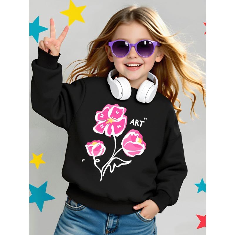 European sizes Girls' Soft Crewneck Sweatshirt, Pink Floral Pattern with Cute Print, Casual All-Match, Ideal Holiday Present
