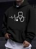 American Western Style Unisex Autumn Winter Print Hooded Long Sleeve Sweatshirt, Stethoscope ECG Pattern Print Hoodie, Medical Easy Trendy Sweatshirt,