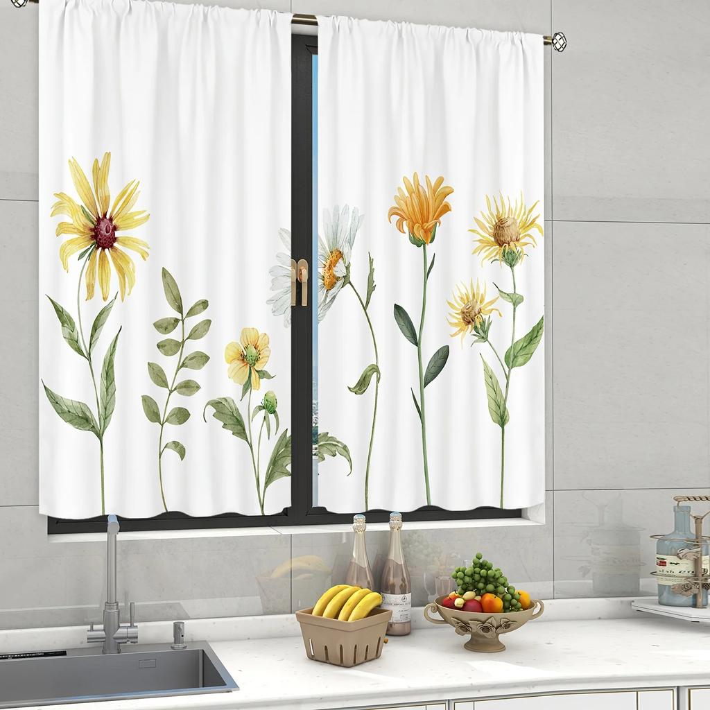Farmhouse Panel Set Yellow Sunflower Kitchen Curtains Decor Gifts Short Cafe Rustic Country Small Window Made Of Polyester