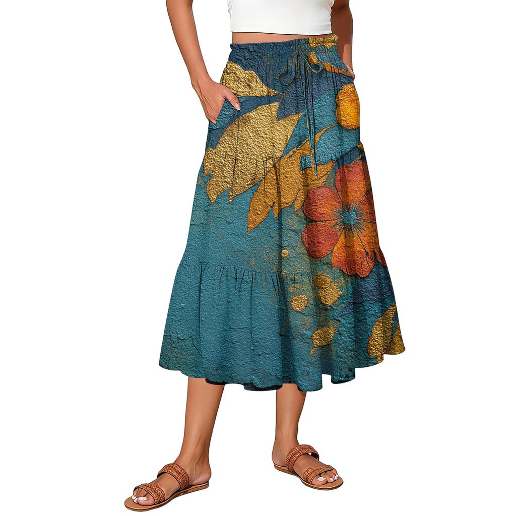 Womens Maxi Skirt Drawstring High Waisted Summer Long Skirts Lightweight Tiered Flowy Floral Pleated Skirts