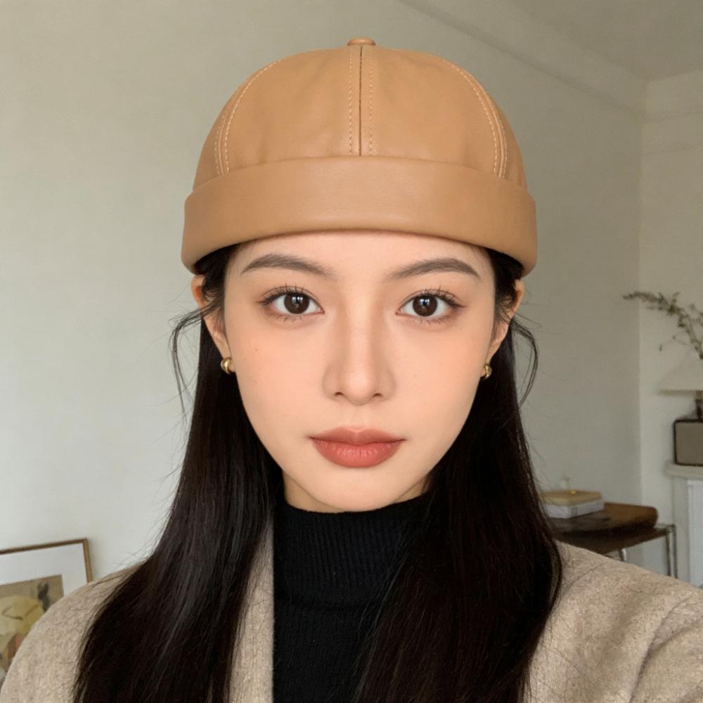 Adjustable Melon Skin Hat Leather Trendy Cap Casual Brimless Round Landlord Hat Streetwear