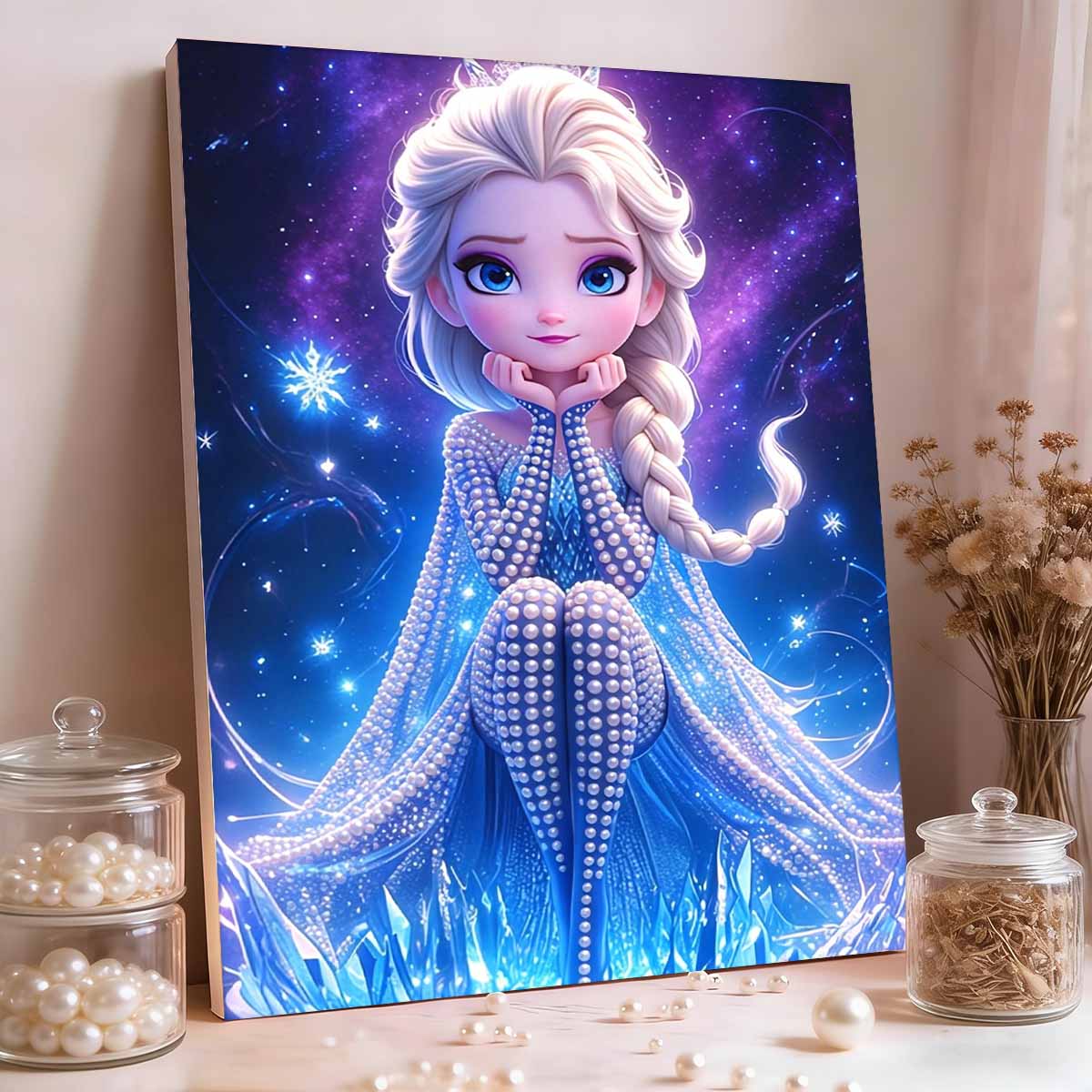 Chibi Starry Ice Elsa New Pearl-Inlaid Frameless Art | Handmade Pearl Craft, Dreamy Starry Ice Theme, for Cute Girly Frozen Style Home Decor 35x45cm