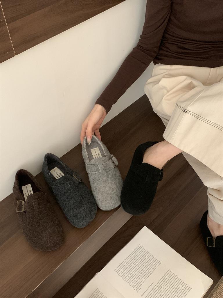 Retro Round Head Wool Woolen Velvet Birkenstocks Women's Winter Lazy People Pedal Thermal Cotton Ladyshoes Ugly Cute Big Head Shoes