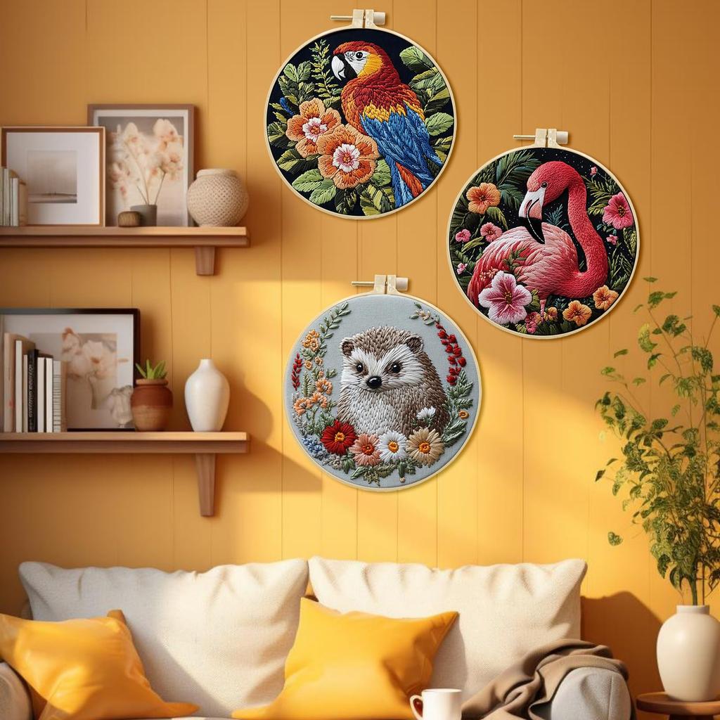 IUHUI Embroidery Kit for Advanced Adults Lovely and Beautiful Animal Patterns DIY Hand Embroidery 3 Sets with 3 Hoops Hedgehog 3-Pack - (Innocent