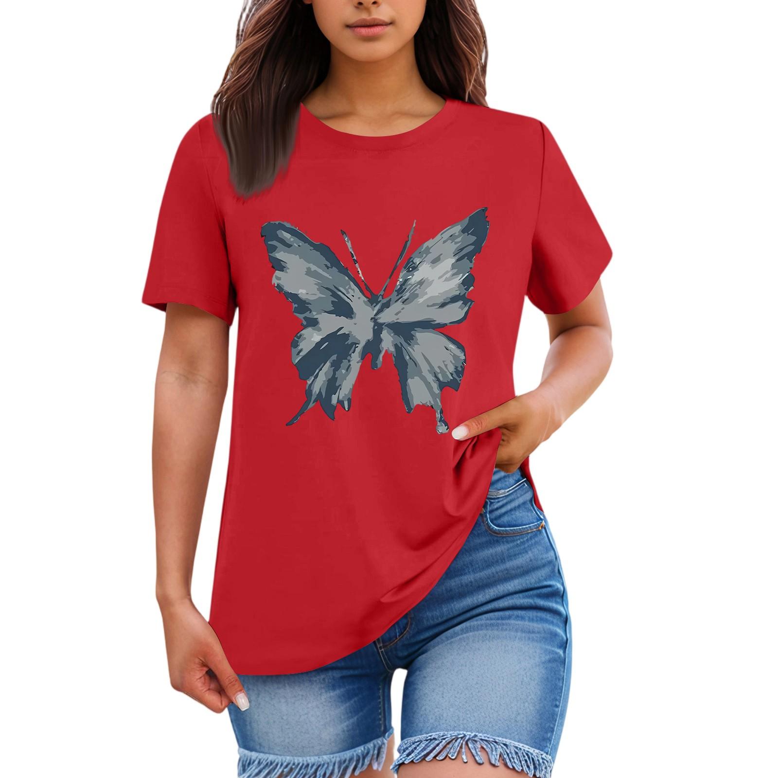 

Ladies Loose Comfortable Casual Fashionable Butterfly Print Round Neck Short Sleeved Shirt S червоний