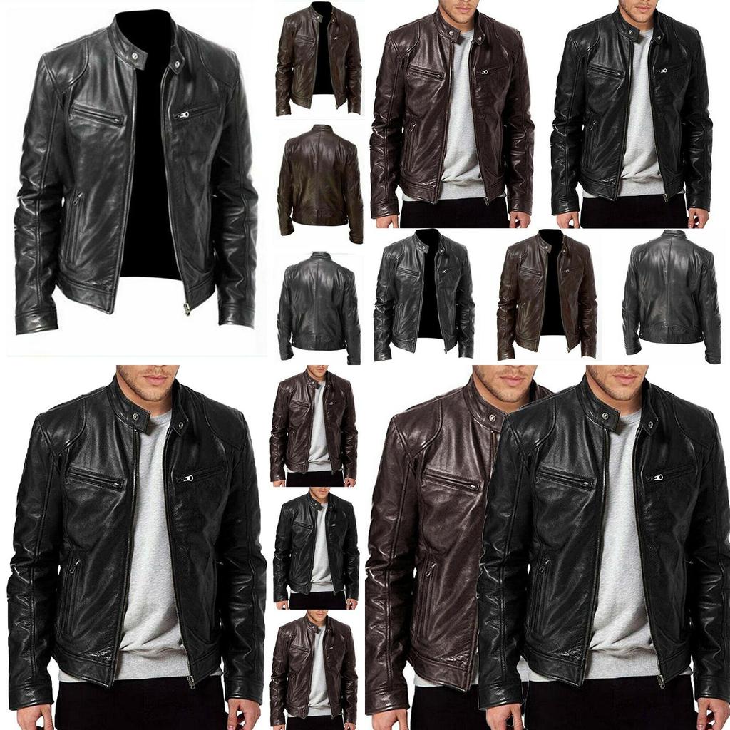 Classic Men's Faux Leather Jacket With Stand Collar For A Sleek Motorcycle Biker Look
