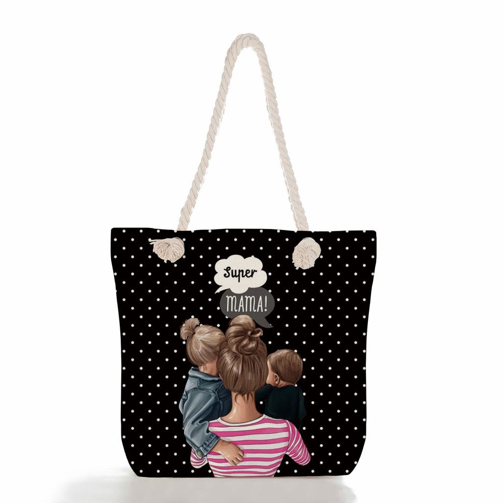Multifunctional Mom Series Printed Thick Rope Shoulder Beach Bag Casual Large Capacity Handbag 7617