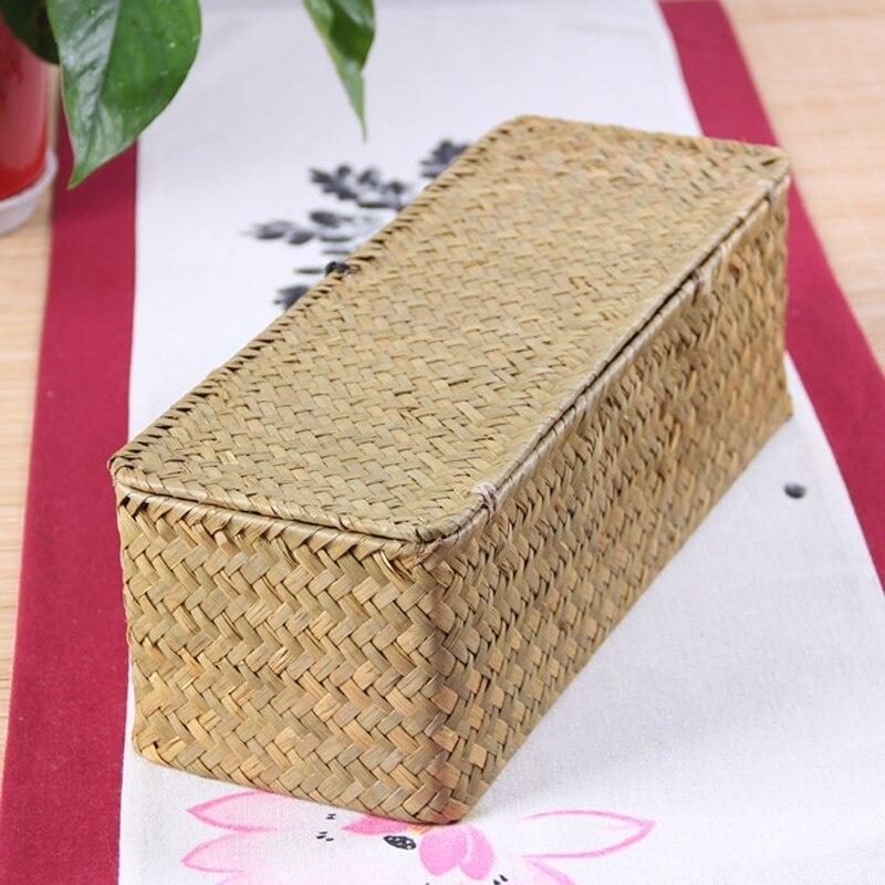 3 Grid Handmade Rattan Storage Box Straw Desktop Tea Set Storage Baskets with Cover Vintage Jewelry Storage Case for Decor