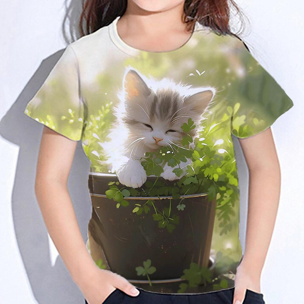 Girl Clothes Cute Cat Print T Shirt Short Sleeve Girl T-Shirt Summer Kids Clothes Crew Neck Tee Top Shirts Fashion Child T Shirt