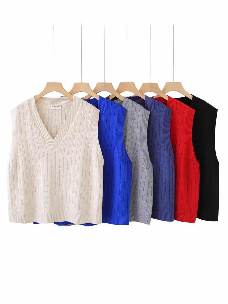 2026 Spring Korean V-neck Cable Knit Vest: Women's Plus Size Sleeveless College Style Layering Tank Top Shrug