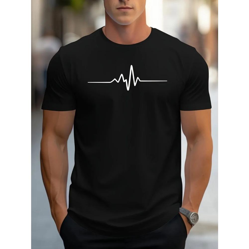 Fashionable Men's Summer Electrocardiogram Printed Comfortable and Breathable Round Neck T-shirt Outdoor Casual Top