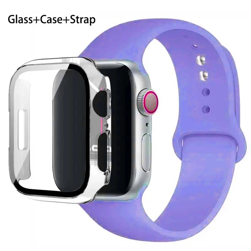 Glass+Case+Strap For Apple Watch band 46mm 45mm 44mm 41mm 40 38mm Silicone watchband bracelet iWatch series 10 9 8 7 6 5 4 3 SE