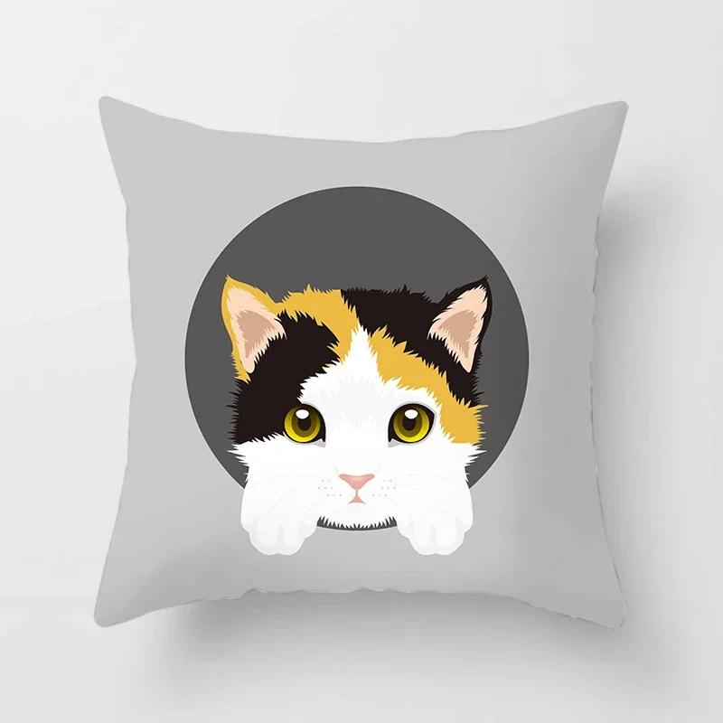 Cute Cat Round Head Home Decor Cushion Cover Naughty Cat Sofa Car Decoration 45X45Cm Pillowcase Square Polyester Pillowcase