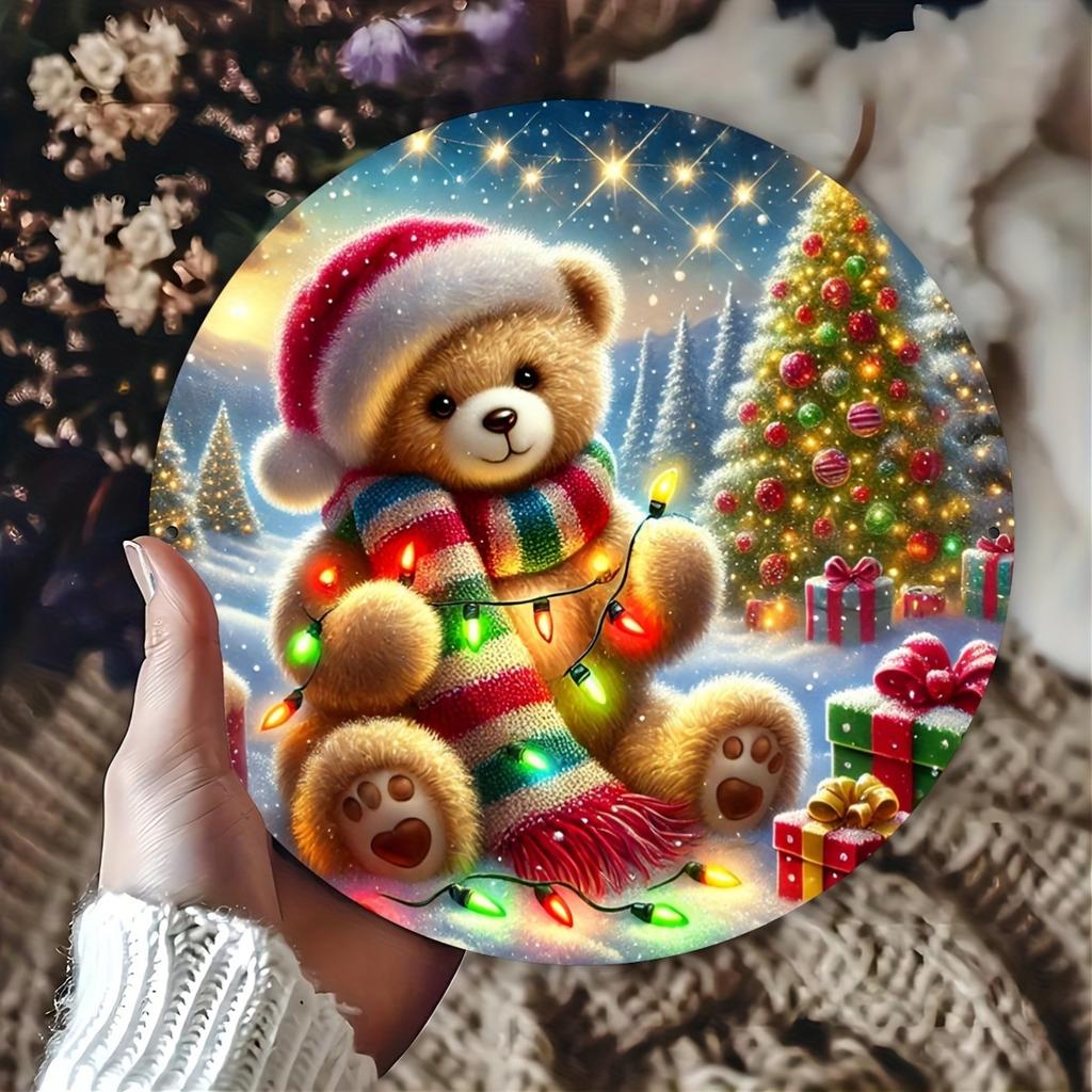 Cute Christmas Teddy Bear with Lights Round Metal Sign D Flat Printed Festive Winter Scene Art Tin Plaque Cozy Santa Hat Bear