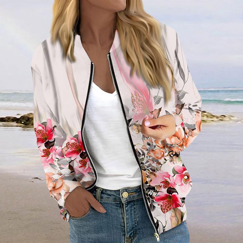 Dámské bundy s dlouhým rukávem lehké na zip oříznuté módní potisk svrchní oděvy ležérní bundy s kapsami