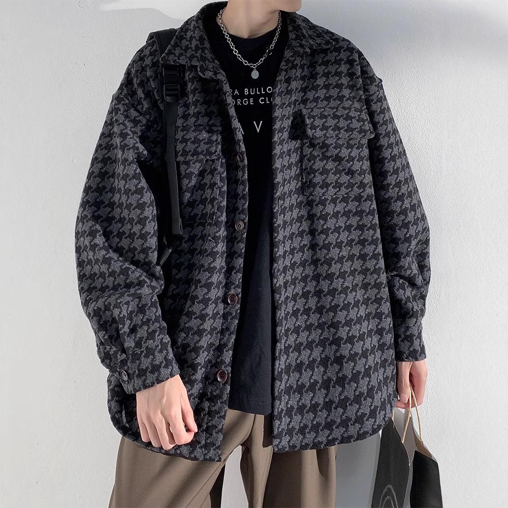 

Men s Trendy Korean Houndstooth Wool Coat - Versatile Spring/Autumn Outerwear, Loose Fit, Stylish Workwear Jacket 3XL білий