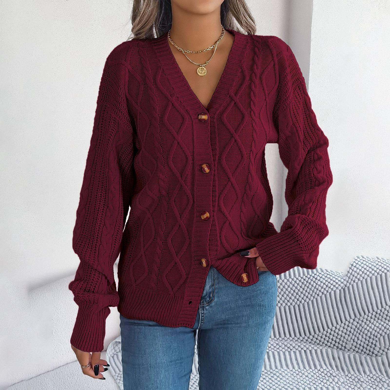 Женская мода повседневная с длинным рукавом на пуговицах вязаный кардиган свитер куртка — фото 4