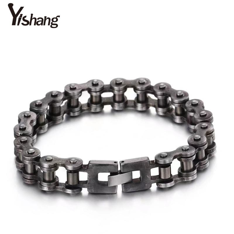 Mens Titanium Steel Cycling Bracelet - Geometric Design Matte Black Finish Punk Rock Style 22cm Length