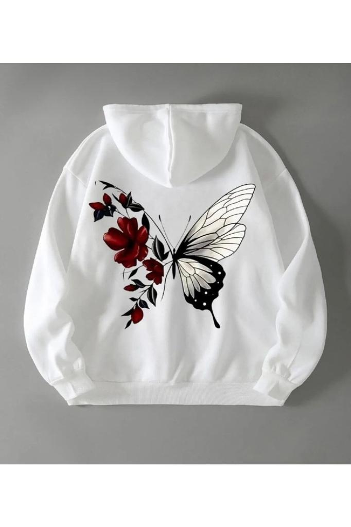 Women's Style Big Size Sweatshirt Plus Size Hooded Red Butterfly Back Printed 3 Thread Oversize Sweatshirt