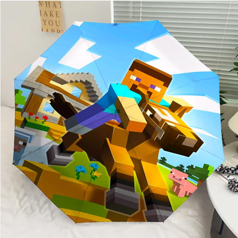 Minecraft5 Print Automatic Umbrella, 8 Rib Iron Frame, Plastic Handle, Suitable for Outdoor Travel &Daily , Ideal Gift
