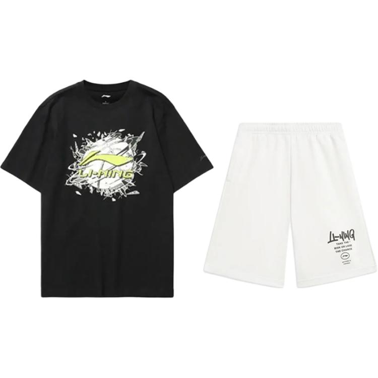 

Li Ning Баскетбол Логотип Буква Принт Модный Ретро Удобный Пуловер с Круглым Вырезом Футболка с Коротким Рукавом Повседневный Спортивный Комплект AHSUA05-2+AKST593-7 XL
