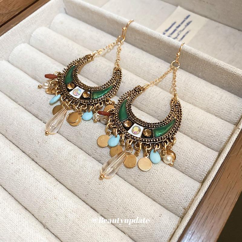 Bohemian color moon sequins fringed earrings ethnic style creative niche earrings temperament fashion earrings