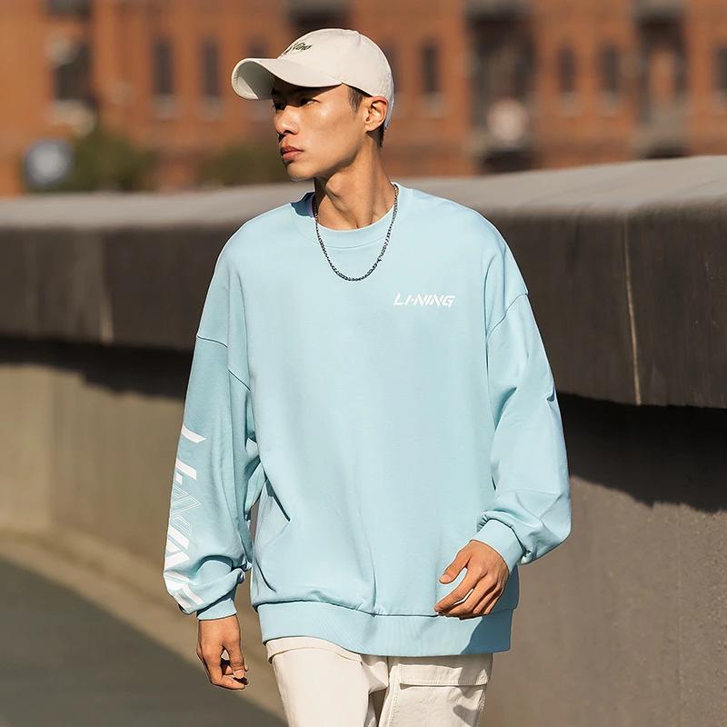 Li Ning Sports Lifestyle Series Letter Logo Printed Round Neck Loose Pullover Warm Sweatshirt Unisex sweatshirt Blue AWDT607-4