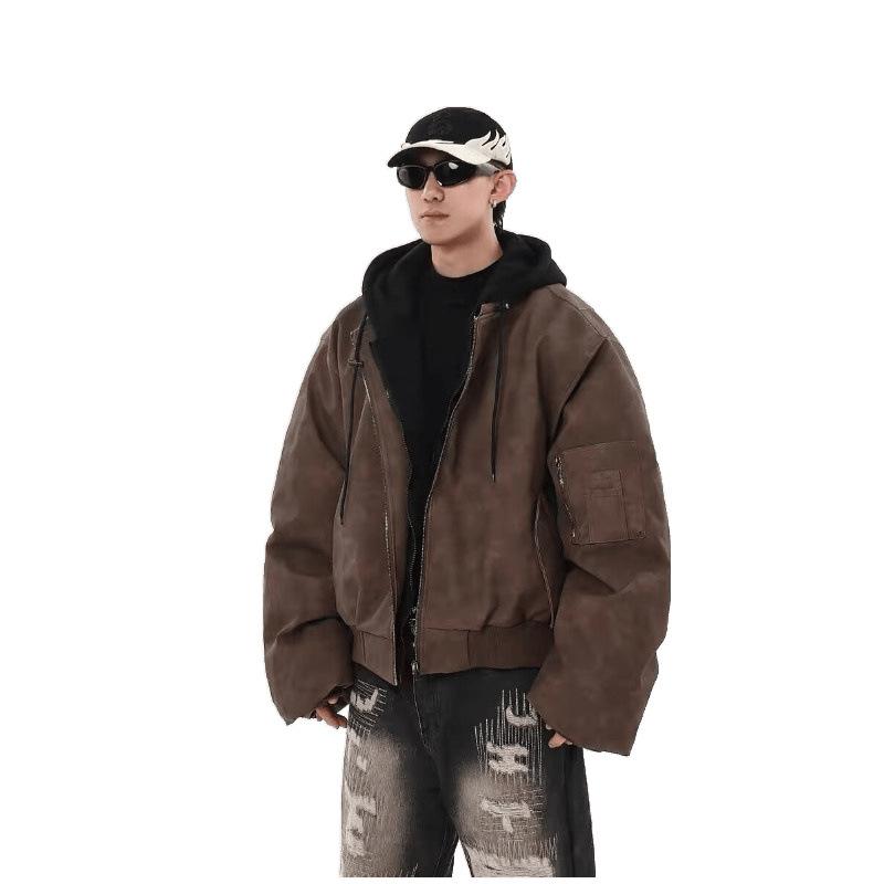 Hooded Leather Jacket Men Bomber Jacket Motorcycle Sleelve Winter Warm Thiened Casual Loose Solid Color Fit Man Top