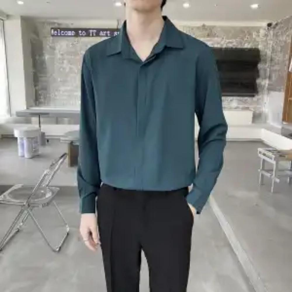 New Summer High End Handsome Fashion Cool Style Flip Collar Buckle Casual Loose Oversize Ice Silk Solid Color Shirt for Men