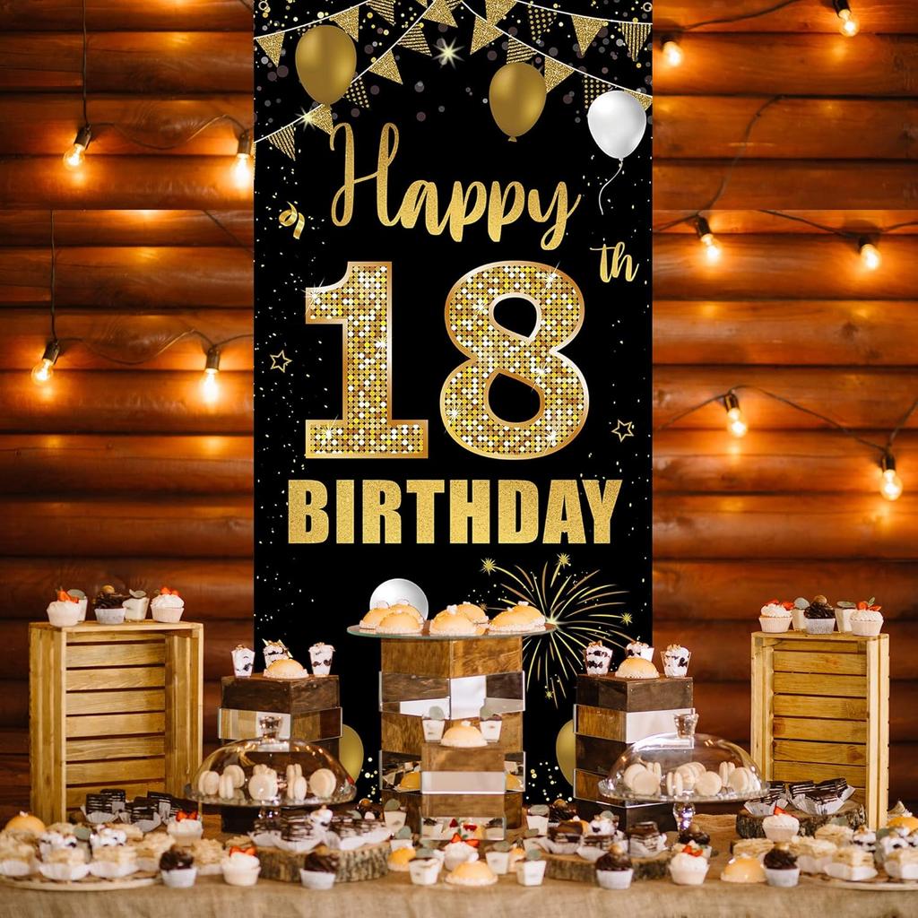 18th Birthday Door Banner Backdrop, Happy 18th Birthday Decorations for Girls Boys Black Gold, 18 Years Old Birthday Party Photo Props Yard Sign for
