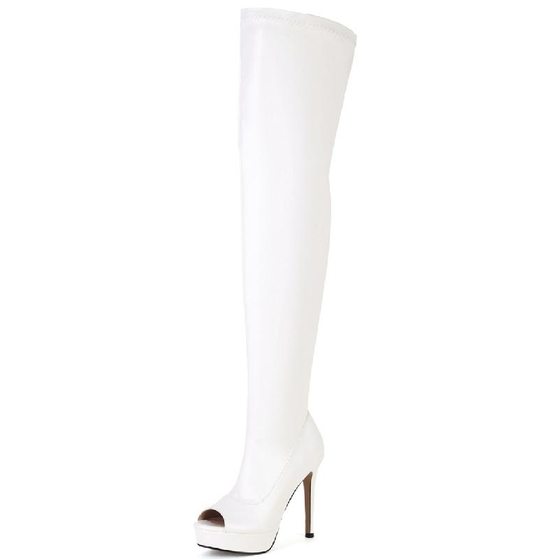 Sexy Thigh High Boots Women Shoes Fashion Peep Toe Over the Knee Boots Female Large Size Zipper Black White Fetish Dance Shoes