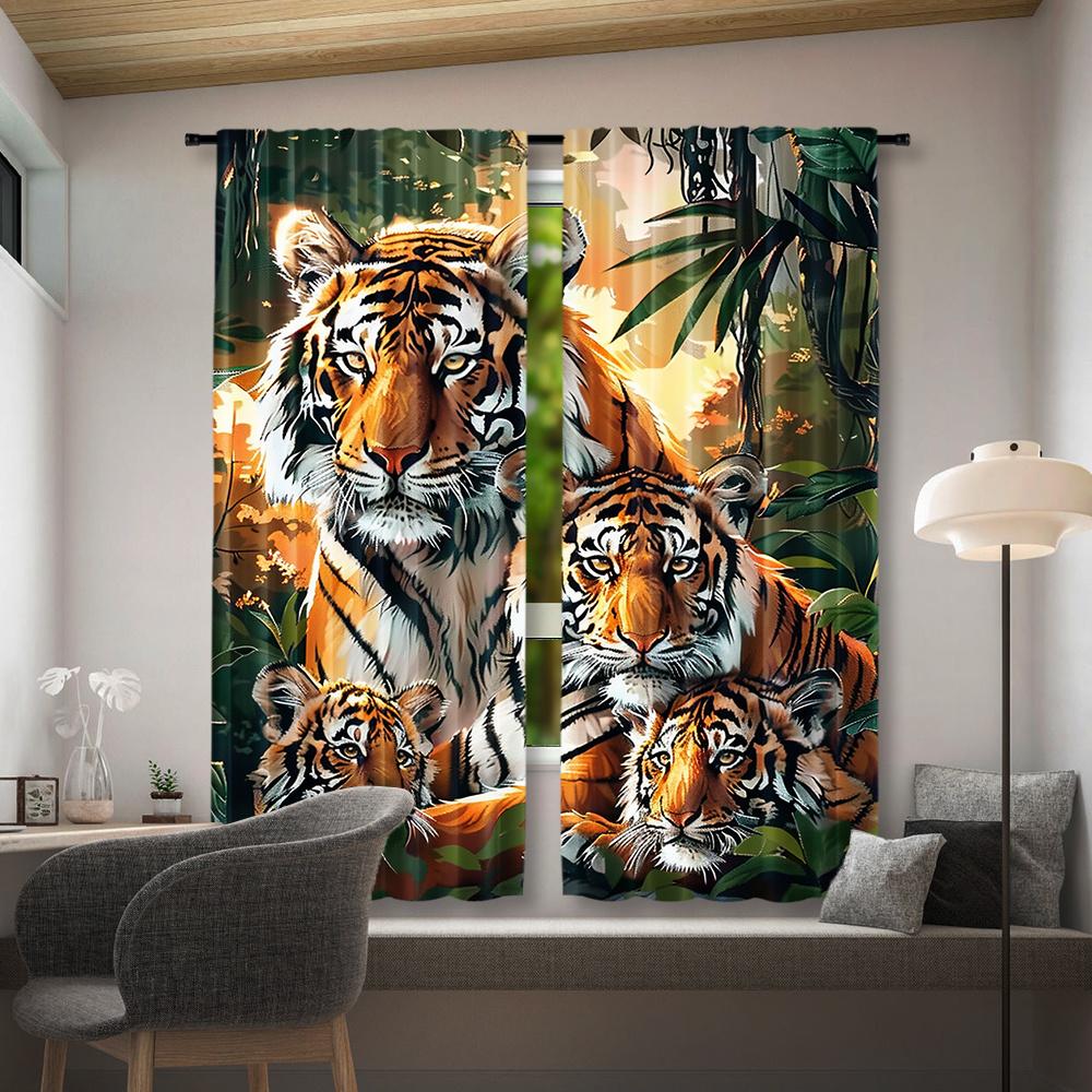 2pcs, Tiger Print Curtains, Rod Pocket Window Treatment, for Bedroom Living Room, Home Decoration, Room Decoration
